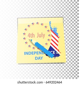 Independence day usa, vector. Illustration for your design. The pages of the notebook are yellow. Sticker with a purple pencil. Logo. Statue of Liberty with the inscription "Fourth of July"