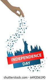 Independence day usa, vector. Illustration for your design. The inscription: "Independence Day". New York City and Statue of Liberty on a white background with a star of a blue patriot hand stinging.