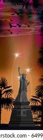 Independence day usa, vector. Illustration for your design. Statue of the Svoboda on an orange background with fireworks and palms. Vertical orientation of the sheet.