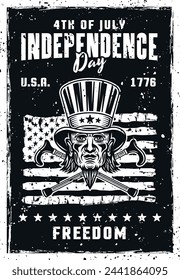 Independence day of USA vintage poster with uncle Sam head and two crossed canes vector illustration. Layered, separate grunge texture and text