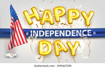 Independence day vector background with american flag and lettering from balloons. Happy independence day. 4th july greeting card