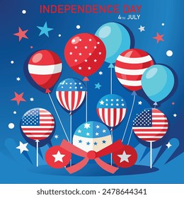 Independence Day vector background: American flags and balloons festive atmosphere. Celebrate with patriotic colors!