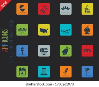 Independence day vector color web icons on dark background for user interface design