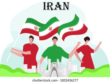 Concepto vectorial del Día de la Independencia: Hombres y mujeres con bandera de irán honorablemente 