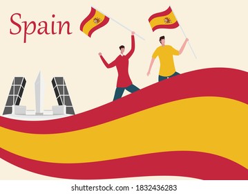 Independence day vector concept: Two men holding flag of spain honorably 
