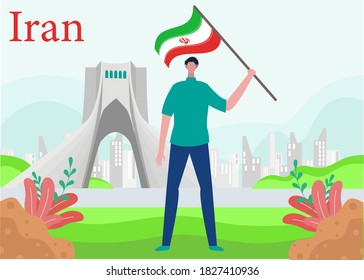 Concepto vectorial del Día de la Independencia: Jóvenes portando la bandera de irán mientras se sienten orgullosos 