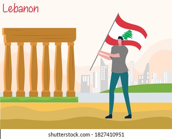 Independence day vector concept: Young man holding flag of lebanon while feeling proud