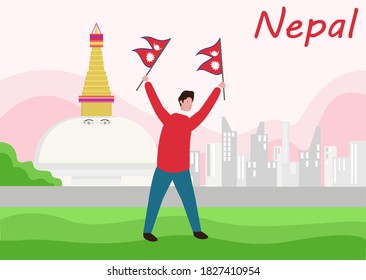 Independence day vector concept: Young man holding flag of nepal while feeling proud 