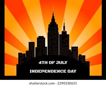 Independence day vector illustration with american flag and megapolis cityscape silhouette. 4th of July, USA independence day. Design for posters, banners, flyers, greeting cards.