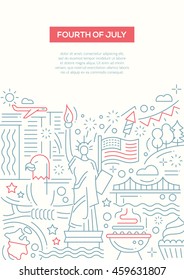 Independence Day - vector line design brochure poster, flyer presentation template, A4 size layout. July 4th, USA, American symbols, statue of Liberty, BBQ, firework 