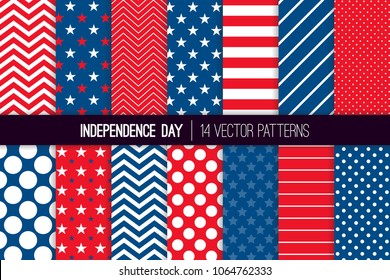 Independence Day Vector Patterns in Red White Blue Stars, Stripes, Polka Dots and Chevron. American 4th of July Party Celebration Backgrounds. Repeating Pattern Tile Swatches Included.