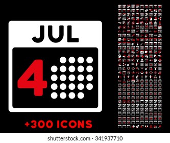 Independence Day vector pictogram with additional 300 date and time management icons. Style is bicolor flat symbols, red and white colors, rounded angles, black background.