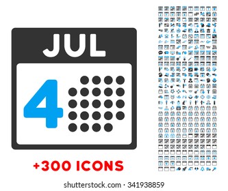 Independence Day vector pictogram with additional 300 date and time management icons. Style is bicolor flat symbols, blue and gray colors, rounded angles, white background.