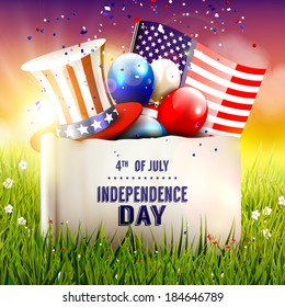 Independence day - vector poster with hat, balloons and American flag in the grass