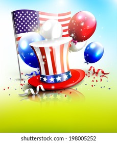 Independence day - vector poster with hat, balloons and American flag 