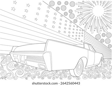 Independence Day Vintage Car Coloring Page, Black and white line drawing featuring a classic vintage American car with the US flag, fireworks, and decorative swirls in the background. Ideal as a
