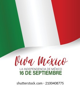 Independence Day. Viva Mexico. 16 September national holiday. Patriotic design concept. Green, white, and red waving Mexican flag. Vector illustration.