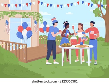 Independence Day Yard Party Flat Color Vector Illustration. Patriotic Holiday. Young People Celebrating National Holiday 2D Simple Cartoon Characters With Decorated Backyard On Background