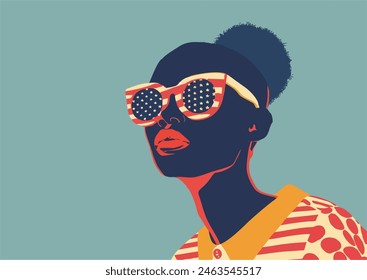 Independence day youthful background. African-American girl wearing sunglasses with USA flag pattern. Vector illustration