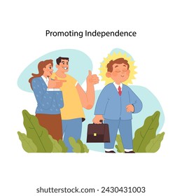 Independence encouragement concept. Proud parents give thumbs up to confident little boy. Celebrating and supporting autonomy and self reliance of child. Preparing for future success. Flat vector