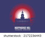 Independence Hall illustration. Moonlight symbol of famous statue and building in United States. Color tone based on official country flag. Vector eps 10.