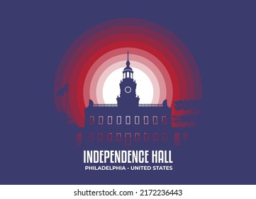 Independence Hall illustration. Moonlight symbol of famous statue and building in United States. Color tone based on official country flag. Vector eps 10.