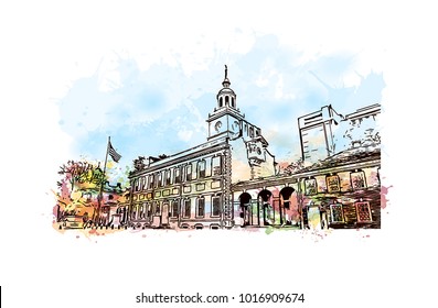 independence hall at Philadelphia City in Pennsylvania, USA. Watercolor splash with hand drawn sketch illustration in vector.