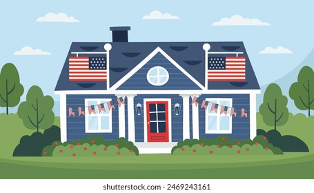 Independence and Memorial day concept. Flag day concept. House decorated with flags of USA. Flat hand drawn illustration.