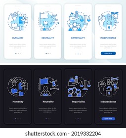 Independence and neutrality onboarding mobile app page screen. Humanitarian aid walkthrough 4 steps graphic instructions with concepts. UI, UX, GUI template with linear night, day mode illustrations
