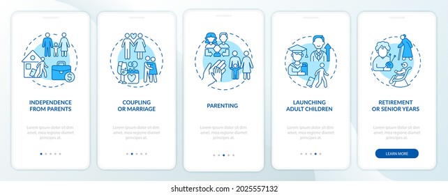 Independence from parents onboarding mobile app page screen. Coupling and marriage walkthrough 5 steps graphic instructions with concepts. UI, UX, GUI vector template with linear color illustrations
