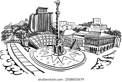 Plaza de la Independencia, Kiev, Ucrania. La plaza principal del país con una columna triunfal. Dibujo monocromático en blanco y negro