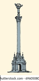 Independence stand: figure of angel in center of Kyiv, capital of Ukraine. Freehand outline ink hand drawn picture sketchy in retro style pen on paper with space for text white sky background