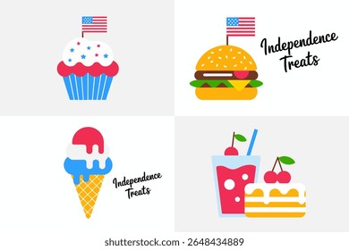 Independence treats icon set. Cupcake, burger, ice pop, lemonade, hotdog, and ice cream with American flags and celebration text