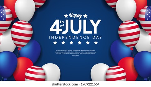 independence usa with flying helium balloon american flag. 4th of july promotion banner template with blue background