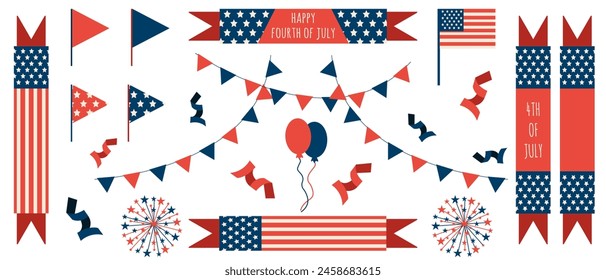 Independence of USA Ribbons Set isplated transparent background. Collection Fouth of July Ribbon in Groovy style with text. Template Festival banner element. Vector illustration. Carnival Symbol.