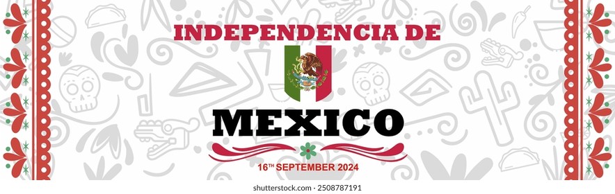 Independencia de México 16 setiembre 2024 banner ilustração design com fundo padrão mexicano. Tradução: O dia da independência do México 16 de setembro de 2024