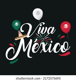 Independencia de Mexico. Template or invitation for social networks for the celebration of the independence of Mexico, with balloons, hat and fireworks.