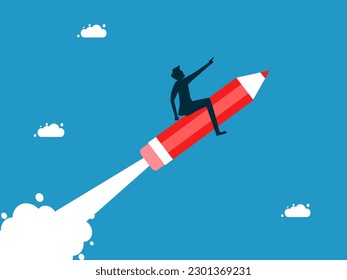 Independent business creation or business development. man flying with a pencil