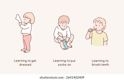 Independent Children Getting Dressed and Ready Themselves. Hand drawn style vector design illustrations.