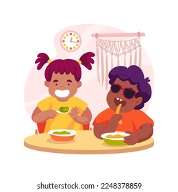 Independent eating skills isolated cartoon vector illustration. Daycare center for kids with disabilities, teach self-feeding, disabled child learn independent eating, education vector cartoon.