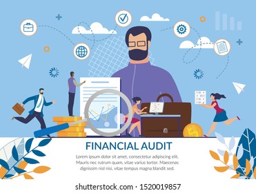 Afiche publicitario de auditoría financiera independiente. Gestión y administración. Personajes De Caricatura Calculando Estadísticas, Riesgo Financiero, Economía Empresarial, Recopilando Estadísticas. Ilustración vectorial