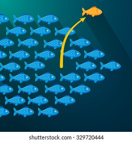 Independent fish break free from its shoal. Entrepreneur concept. Flat style vector illustration.