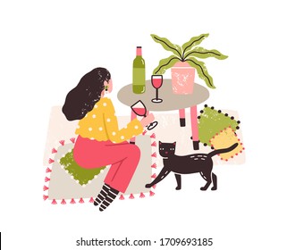 Independent girl drink wine alone sitting on floor at table vector flat illustration. Loneliness addicted female depressed with alcohol beverage at home isolated on white background