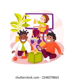 Independent housekeeping isolated cartoon vector illustration. Child learning to clean up toys, inclusive daycare center, children with special health needs, teach housekeeping vector cartoon.