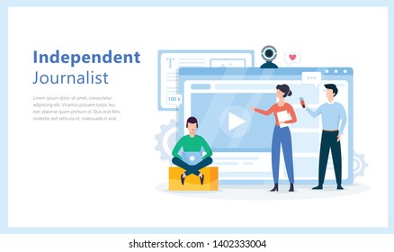 Independent journalist concept. Idea of broadcasting breaking news. Mass media, reporter with microphone. Vector illustration in cartoon style