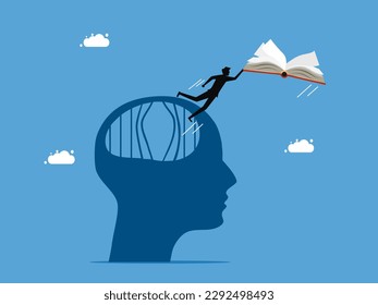 Independent with knowledge and learning. man escapes from brain prison with book