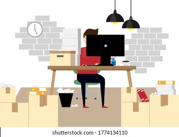 Unabhängiger Büroangestellter, der hinter einem Laptop arbeitet, viel Arbeit, Heimbüro, Freiberufliche Tätigkeit, Vektorkonzept, Illustration