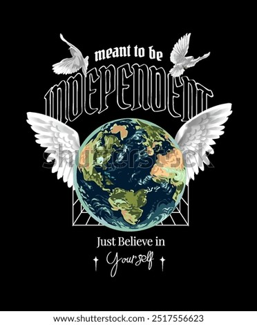 independent slogan with globe and white dove flying vector illustration on black background