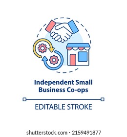 Independent small business co-ops concept icon. Retailers, entrepreneurs cooperation abstract idea thin line illustration. Isolated outline drawing. Editable stroke. Arial, Myriad Pro-Bold fonts used