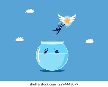 Independent and successful life. Businessman floats with stars out of fishbowl